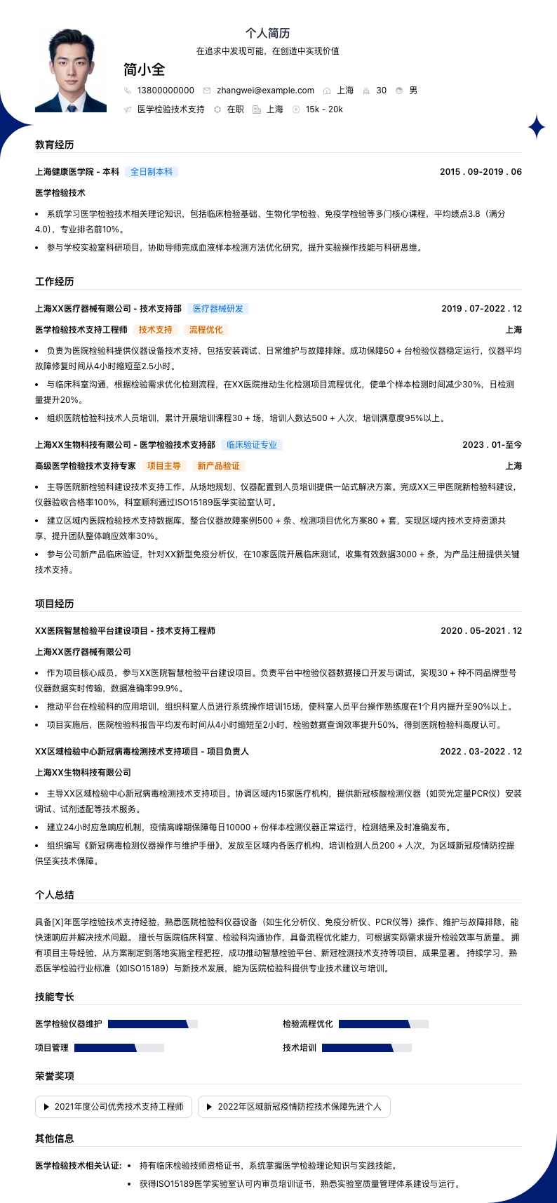 医学检验技术支持简历模板
