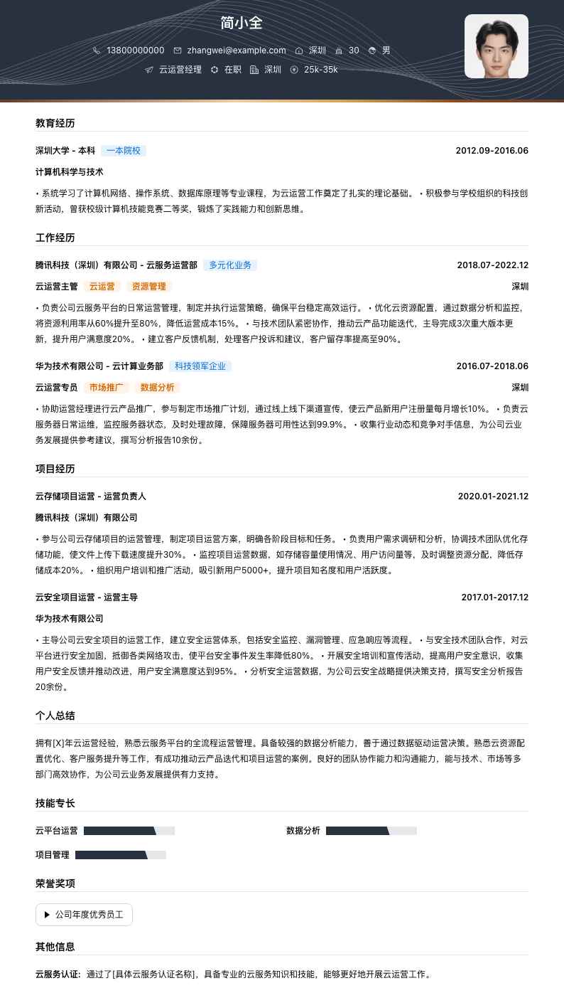 云运营经理简历模板
