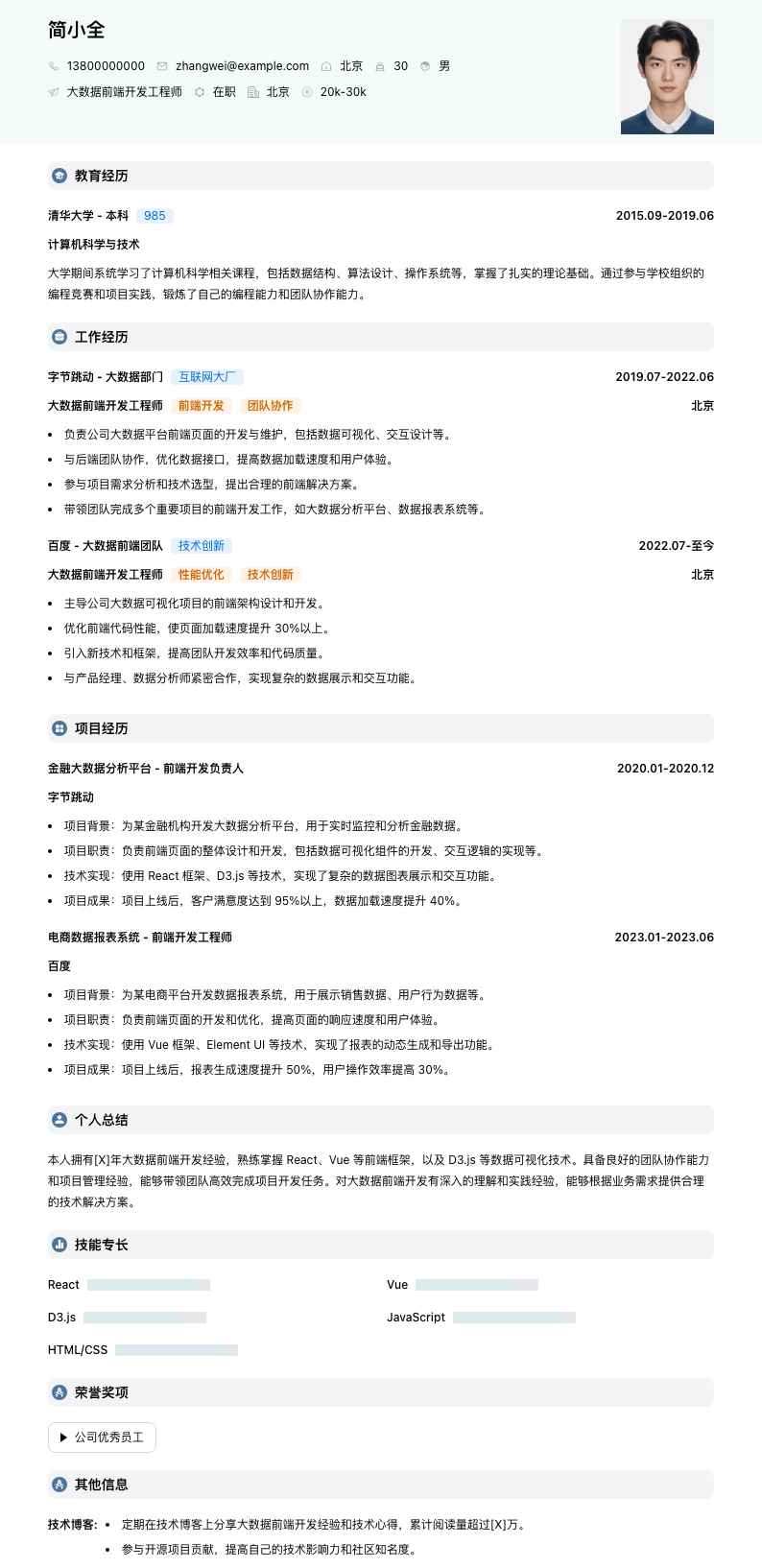 大数据前端开发工程师简历模板