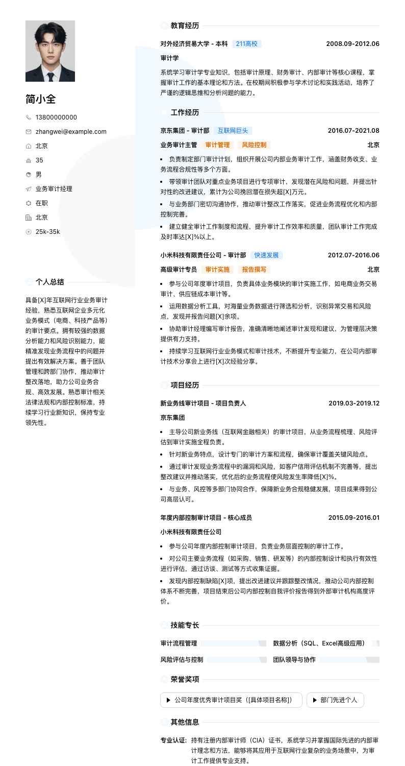 业务审计经理简历模板