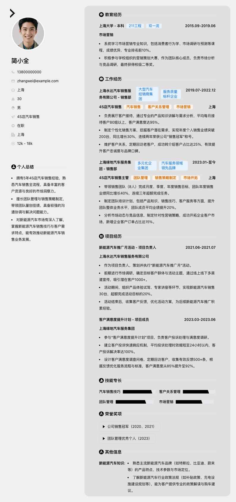 4S店汽车销售简历模板