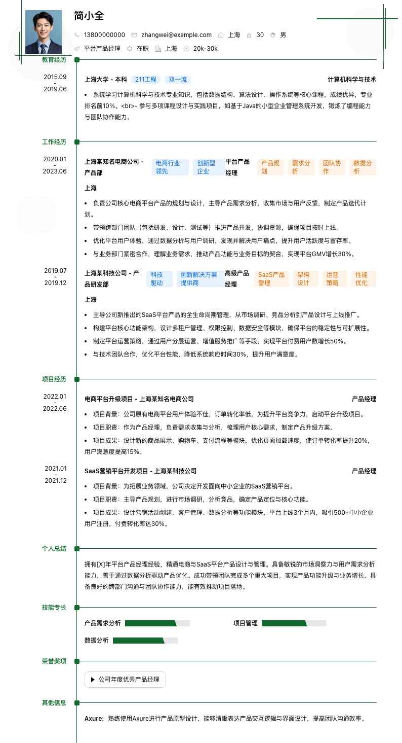 平台产品经理简历模板