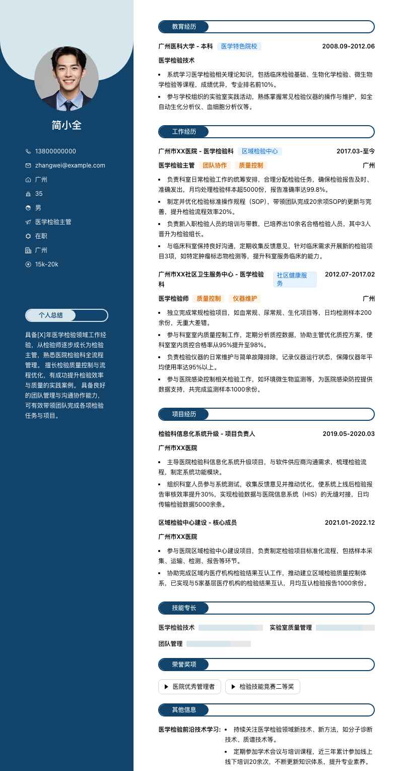 医学检验主管简历模板