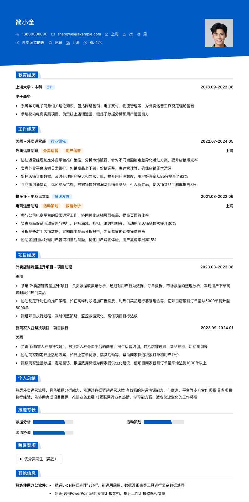 外卖运营助理简历模板