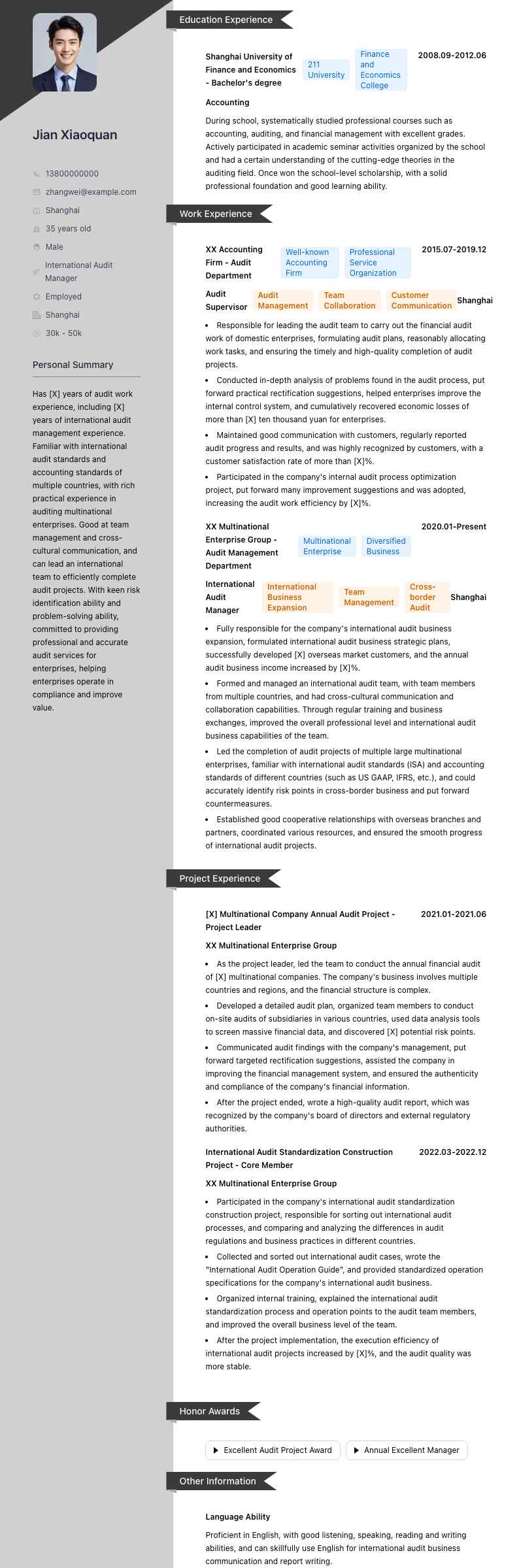 国际审计经理简历模板