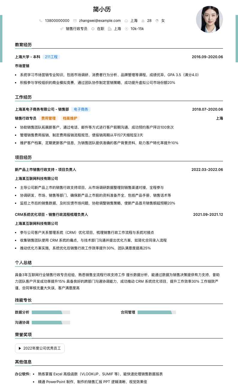 销售行政专员简历模板