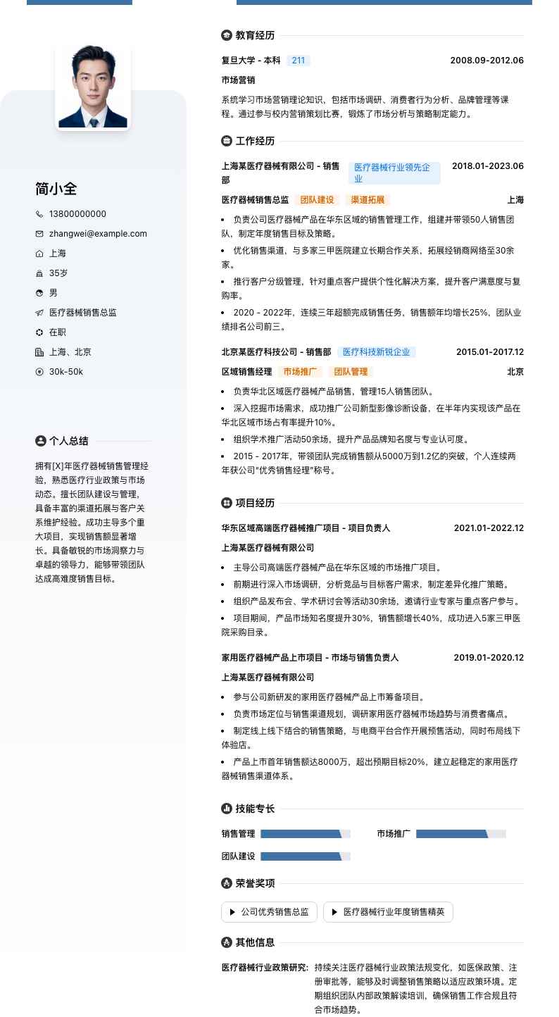 医疗器械销售总监简历模板