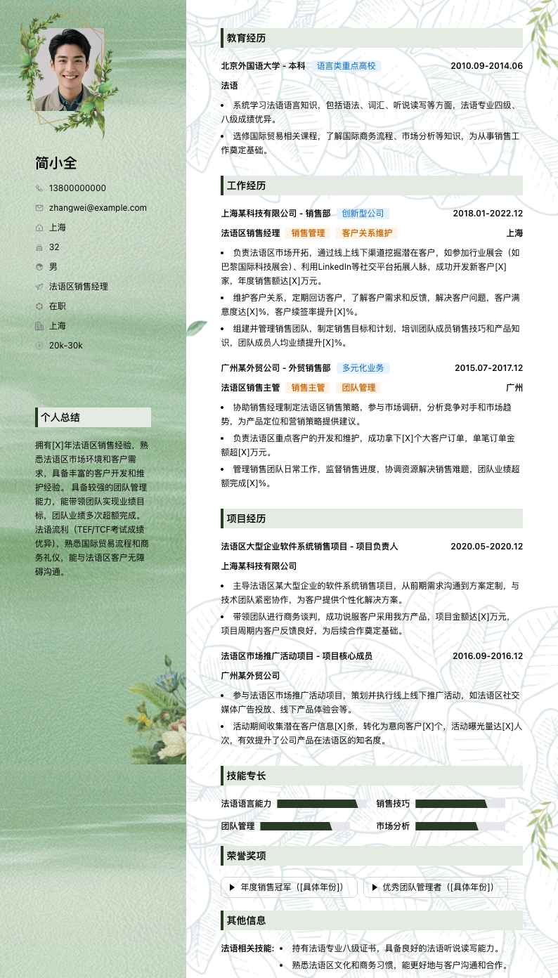 法语区销售经理简历模板