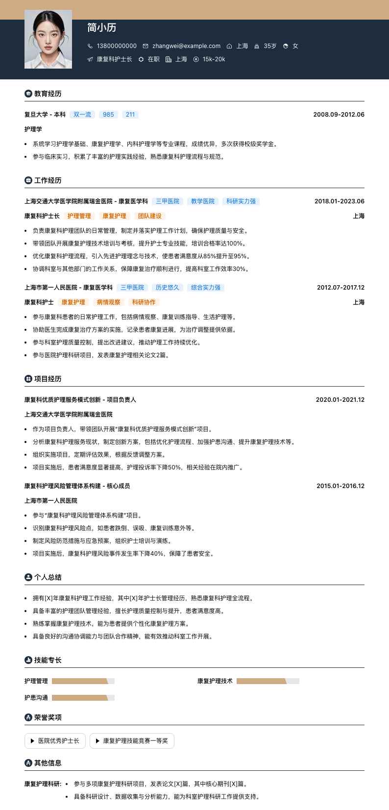 康复科护士长简历模板