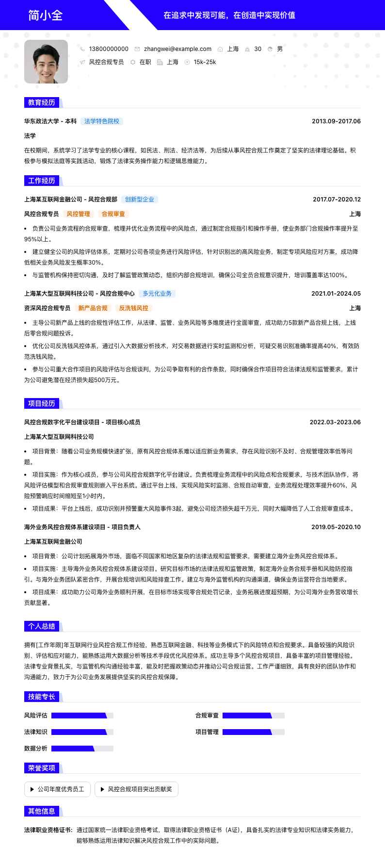 风控合规专员简历模板