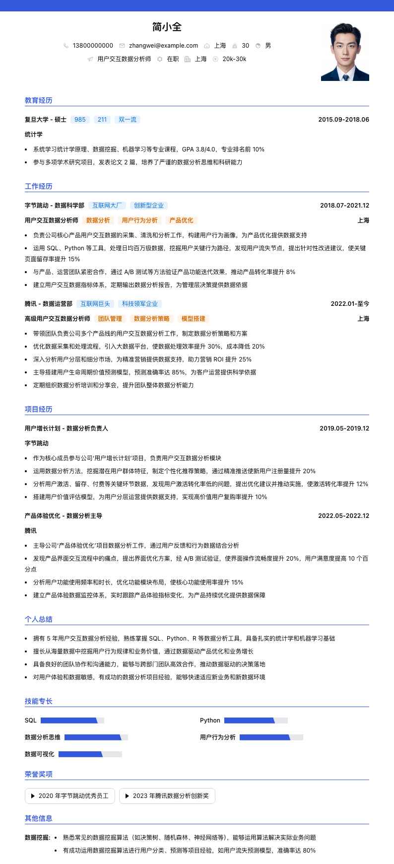 用户交互数据分析师简历模板