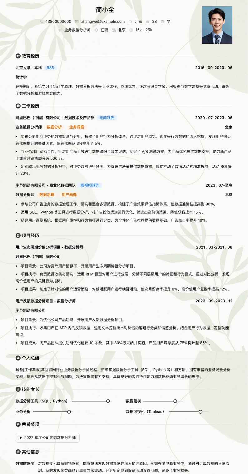 业务数据分析师简历模板