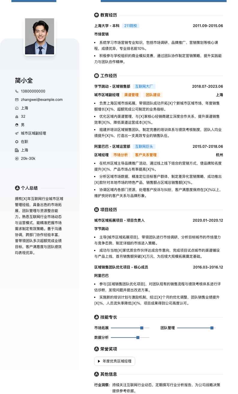 城市区域副经理简历模板