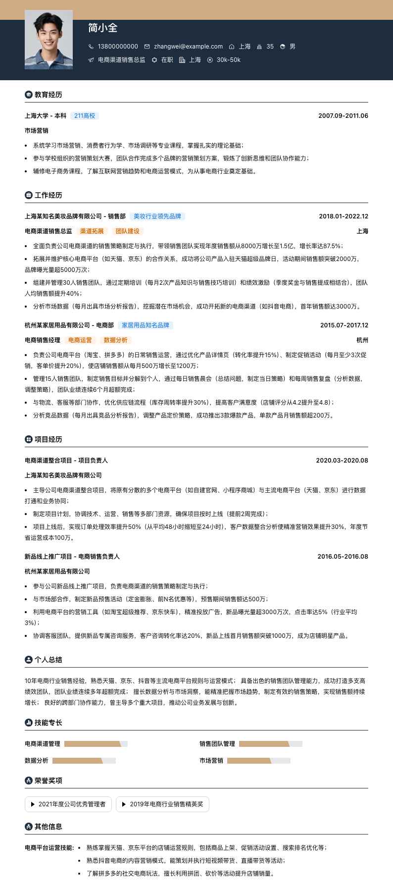 电商渠道销售总监简历模板