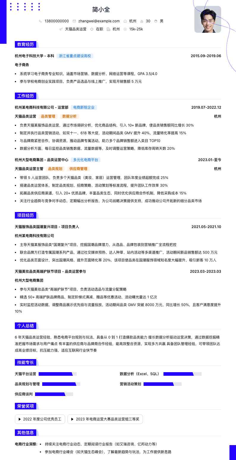 天猫品类运营简历模板