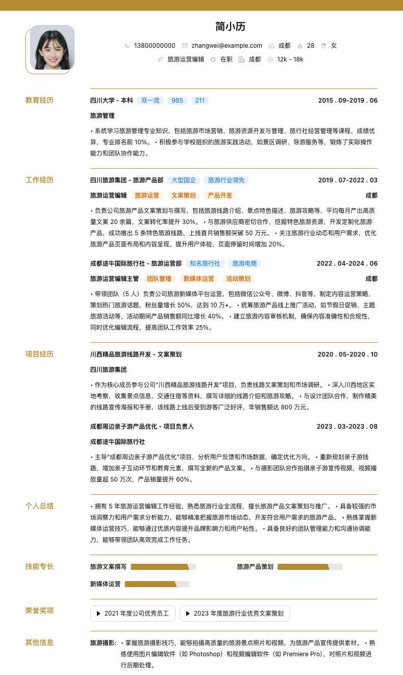 旅游运营编辑简历模板