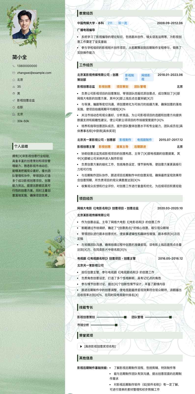 影视创意总监简历模板