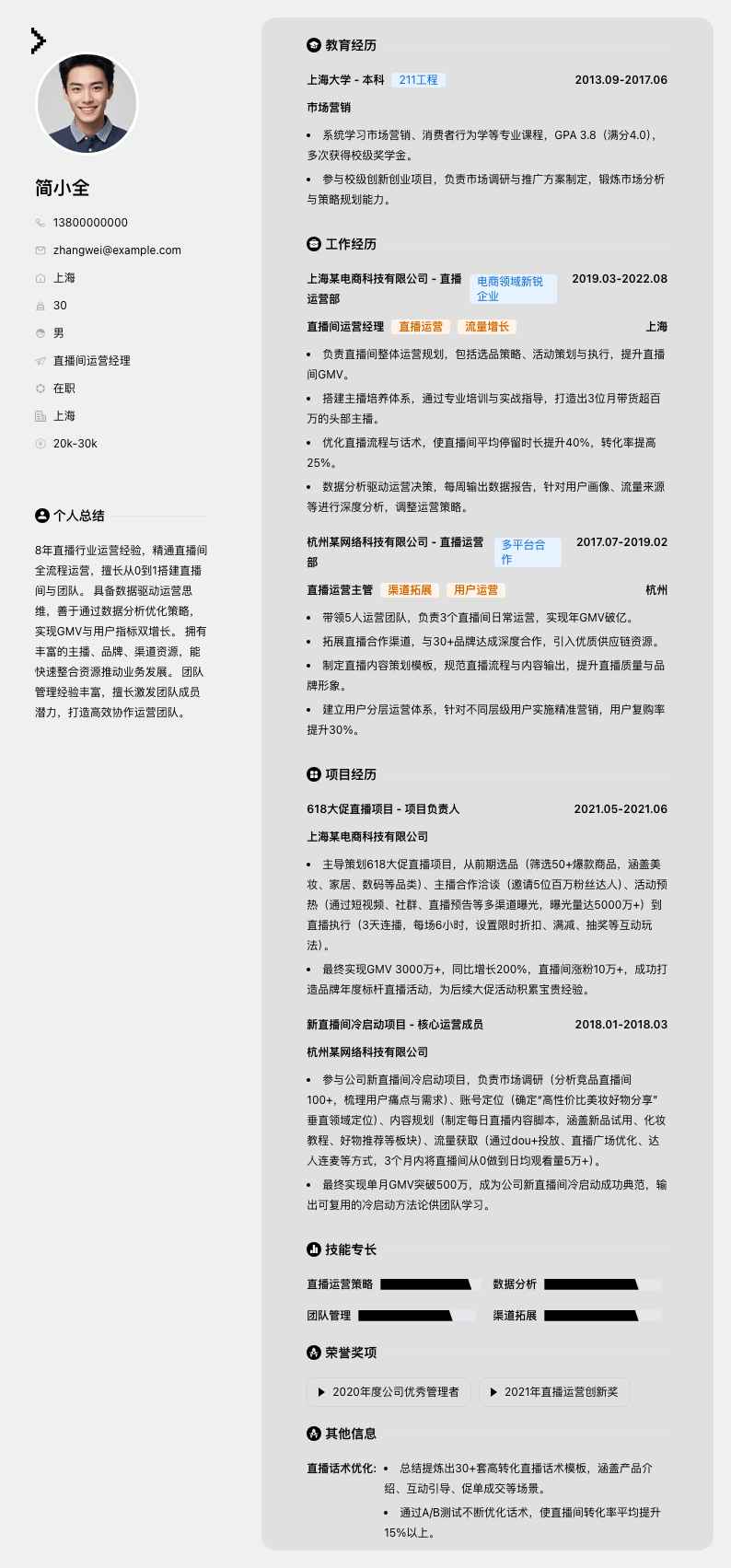 直播间运营经理简历模板