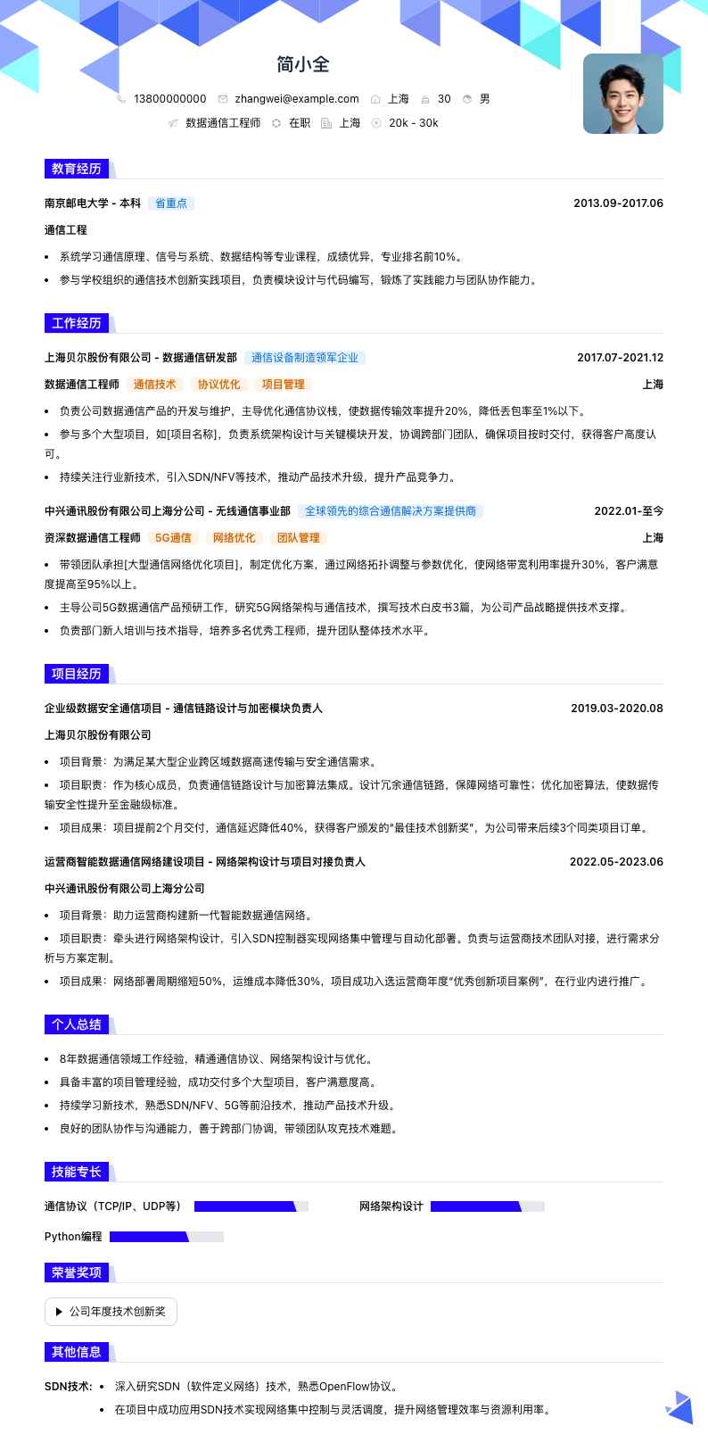 数据通信工程师简历模板