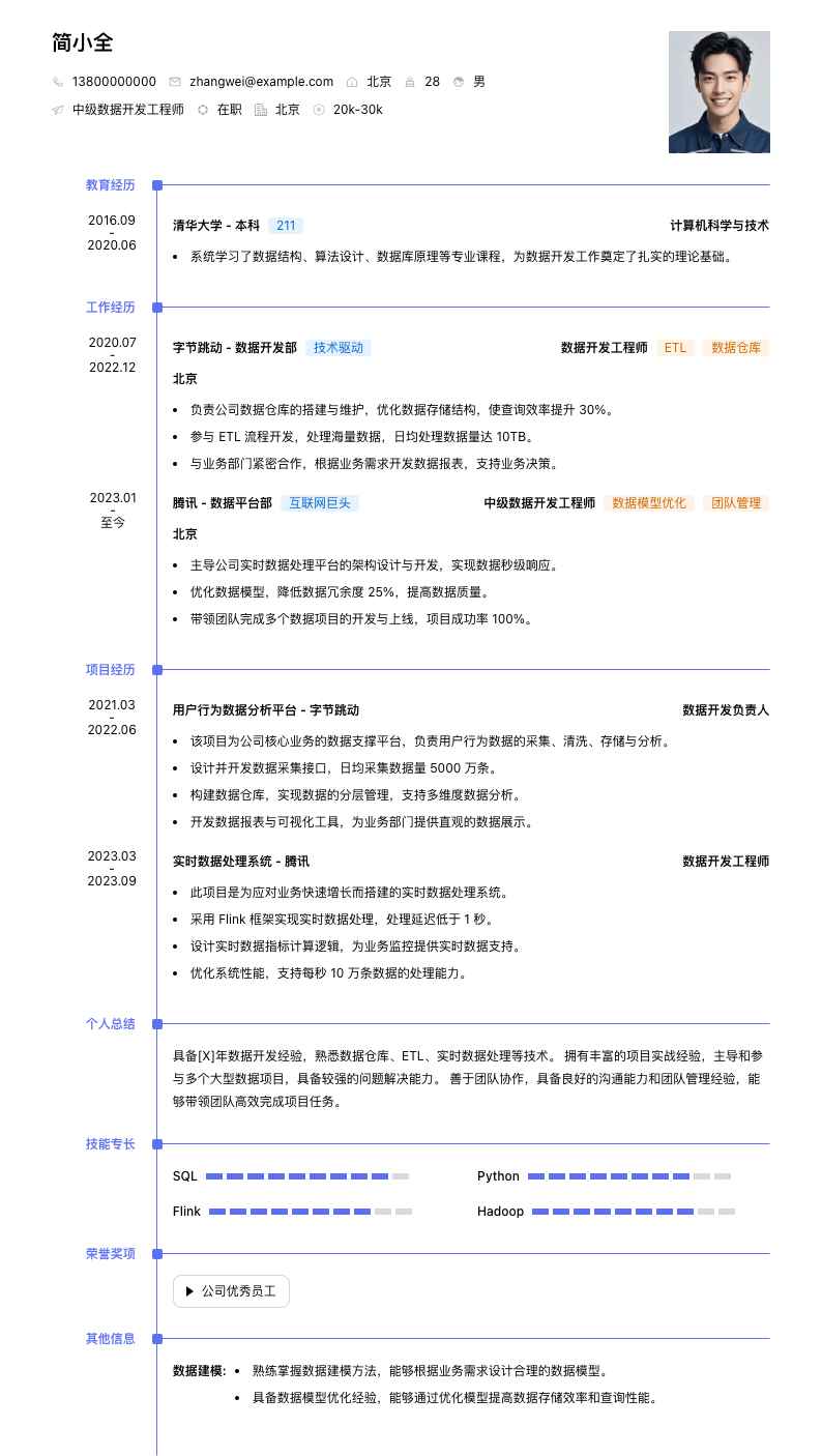 中级数据开发工程师简历模板