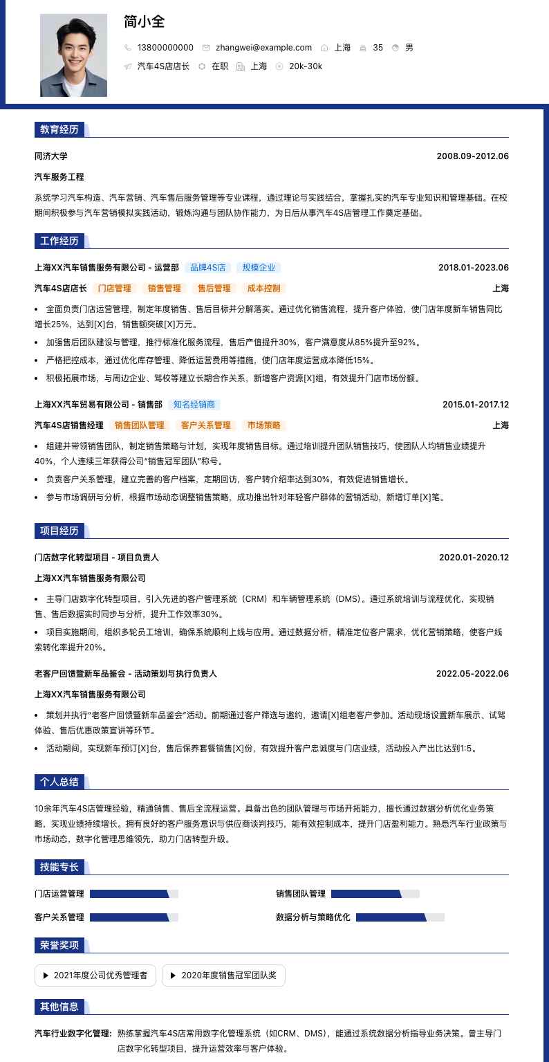 汽车4S店店长简历模板