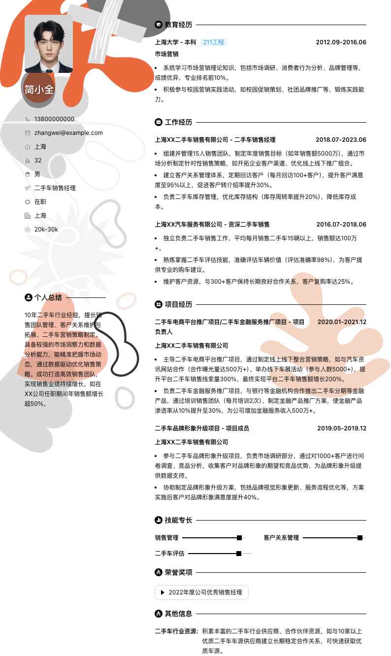 二手车销售经理简历模板