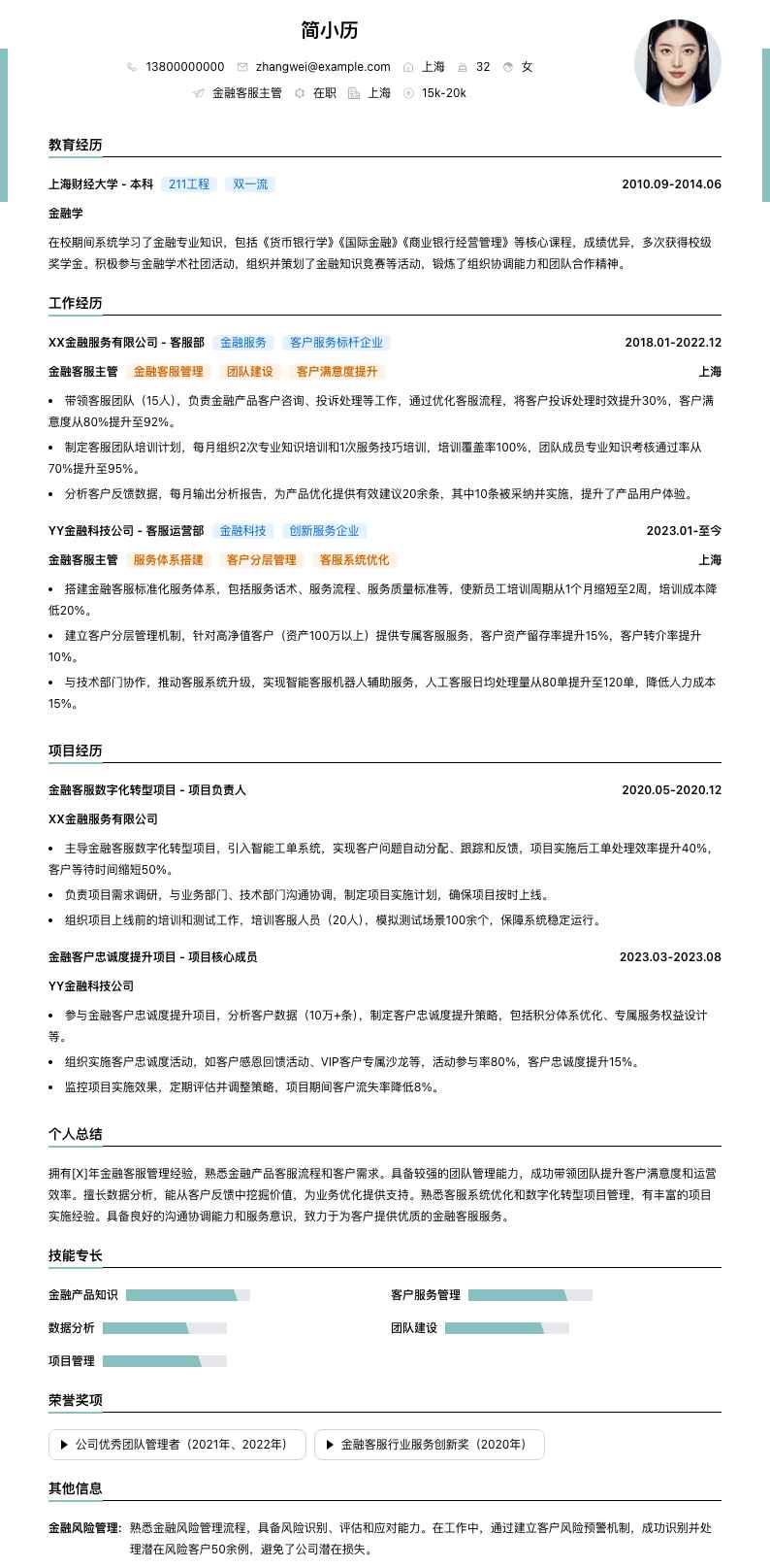 金融客服主管简历模板