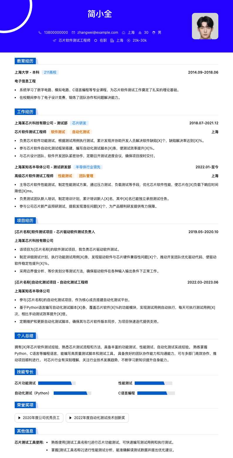 芯片软件测试工程师简历模板