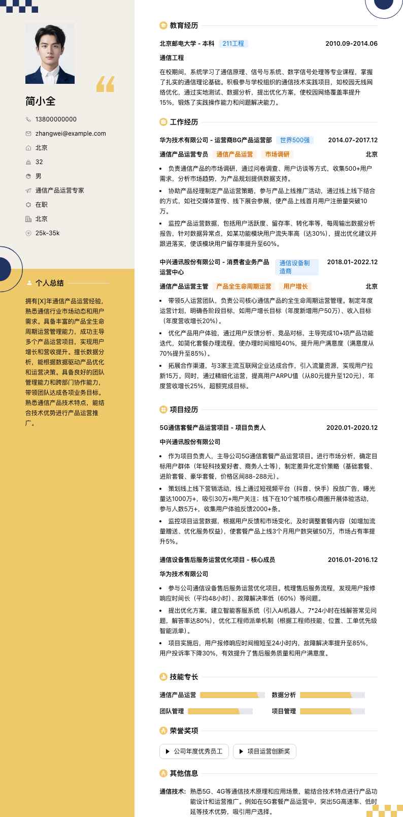 通信产品运营专家简历模板