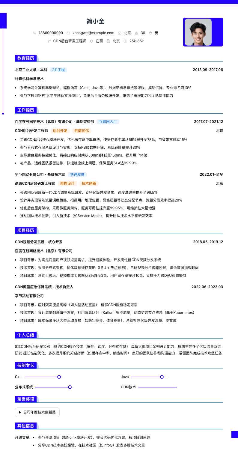 cdn后台研发工程师简历模板