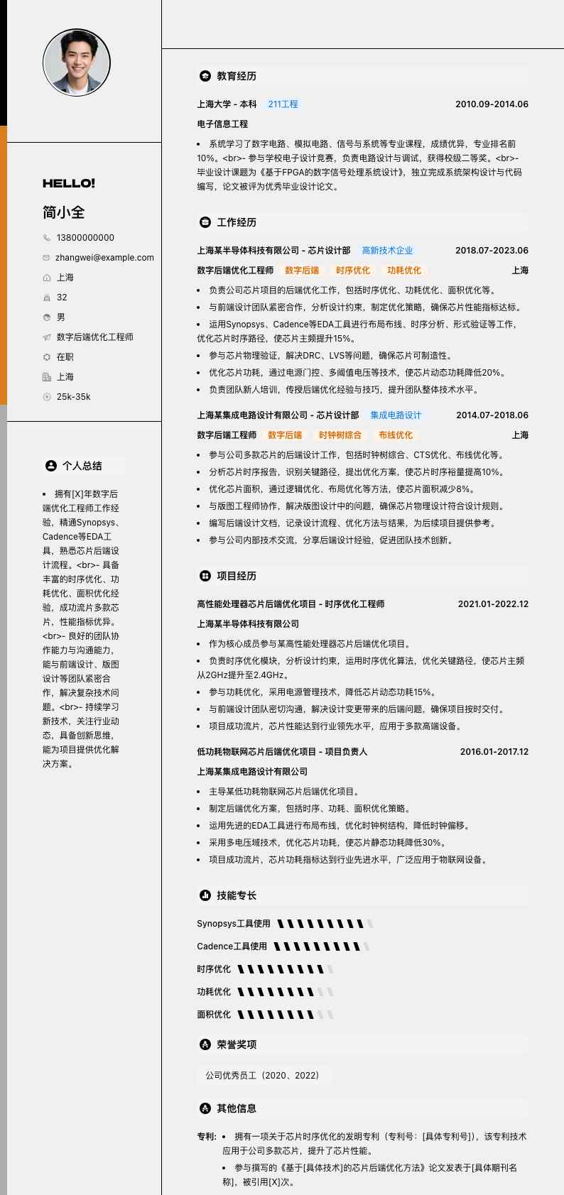 数字后端优化工程师简历模板