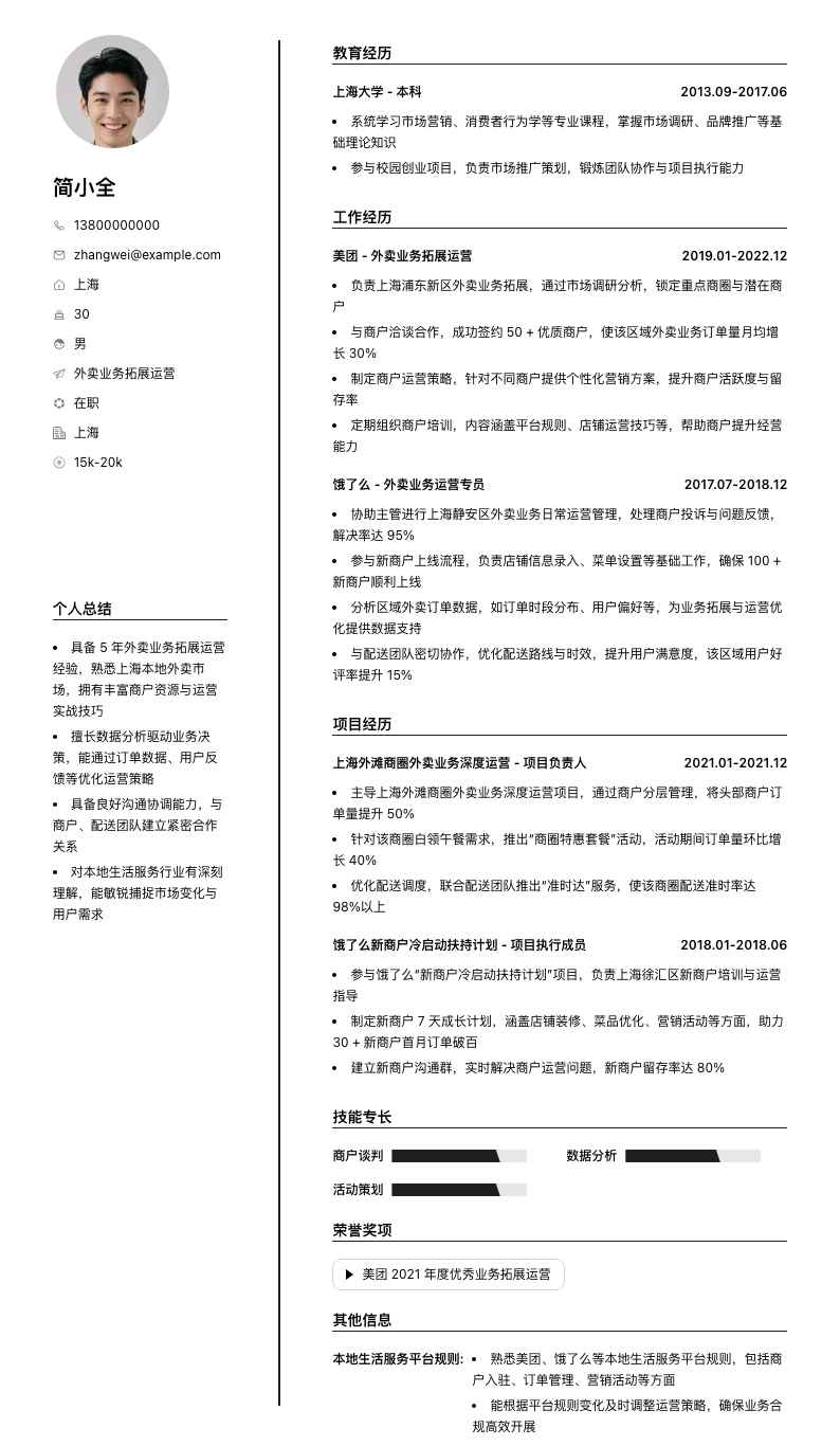 外卖业务拓展运营简历模板