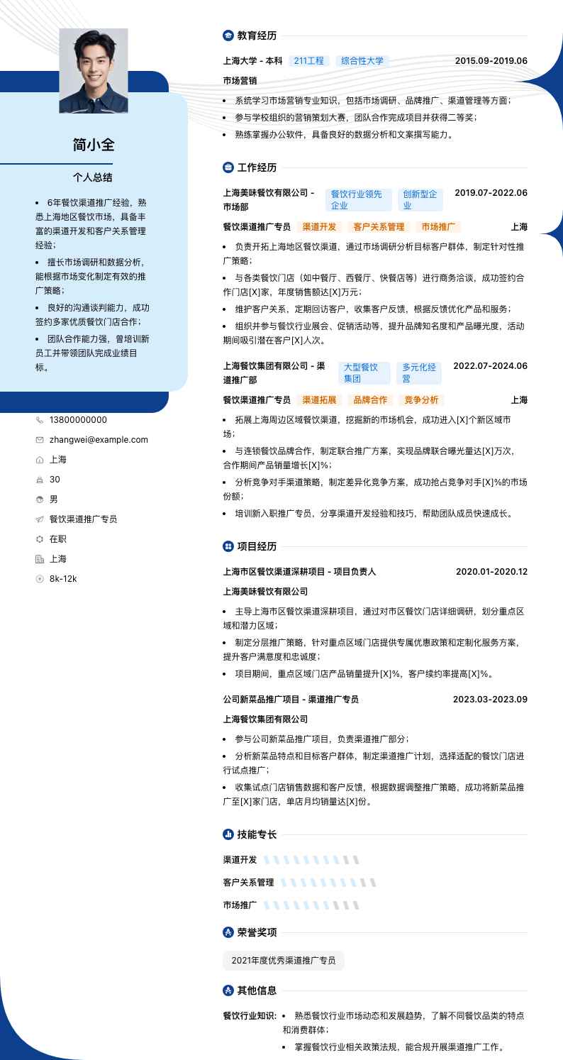 餐饮渠道推广专员简历模板