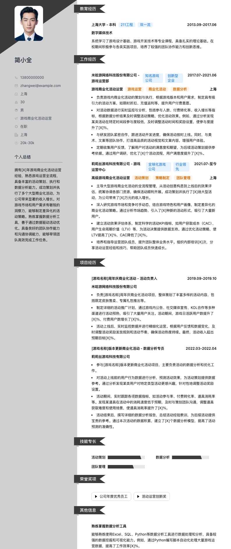 游戏商业化活动运营简历模板