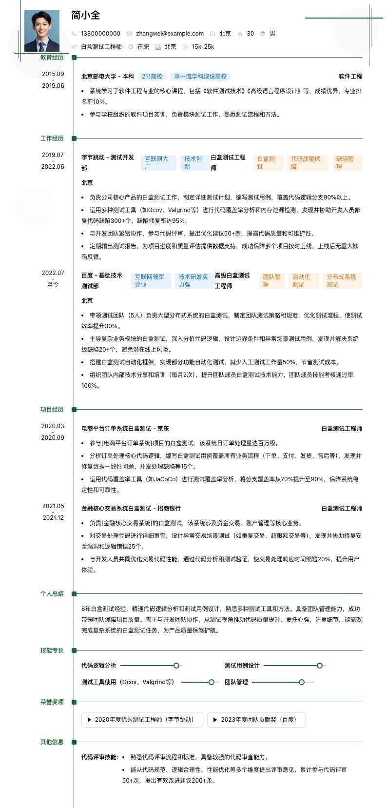 白盒测试工程师简历模板