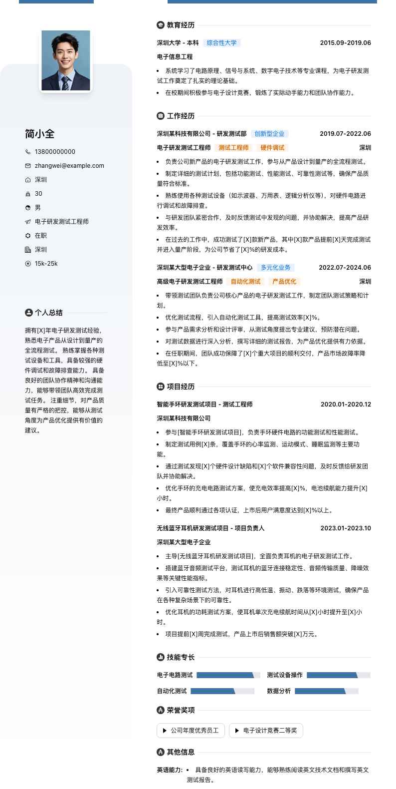电子研发测试工程师简历模板