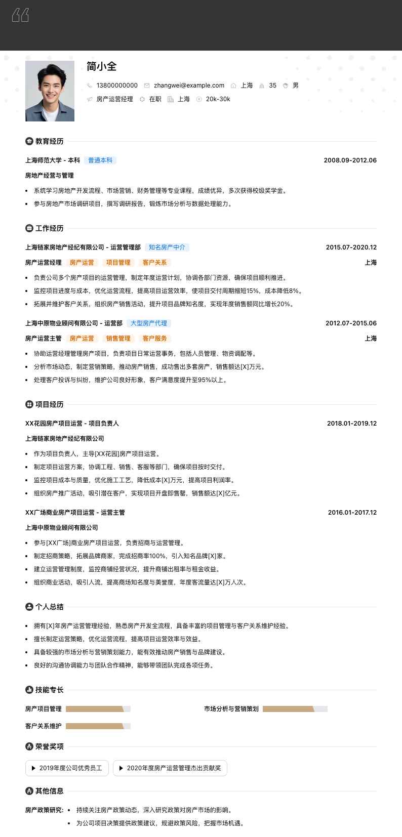 房产运营经理简历模板