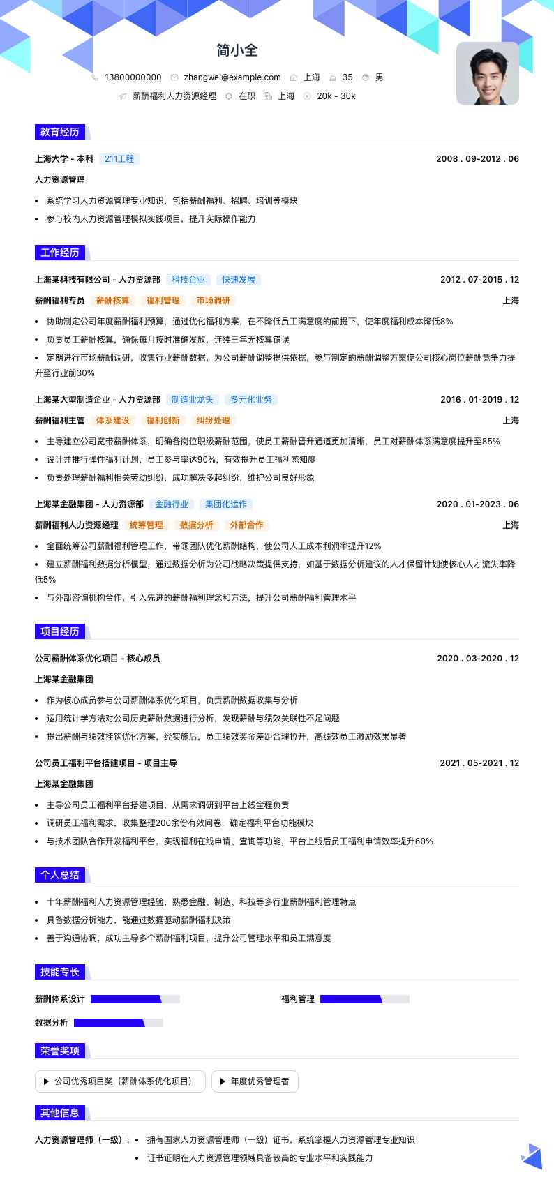 薪酬福利人力资源经理简历模板