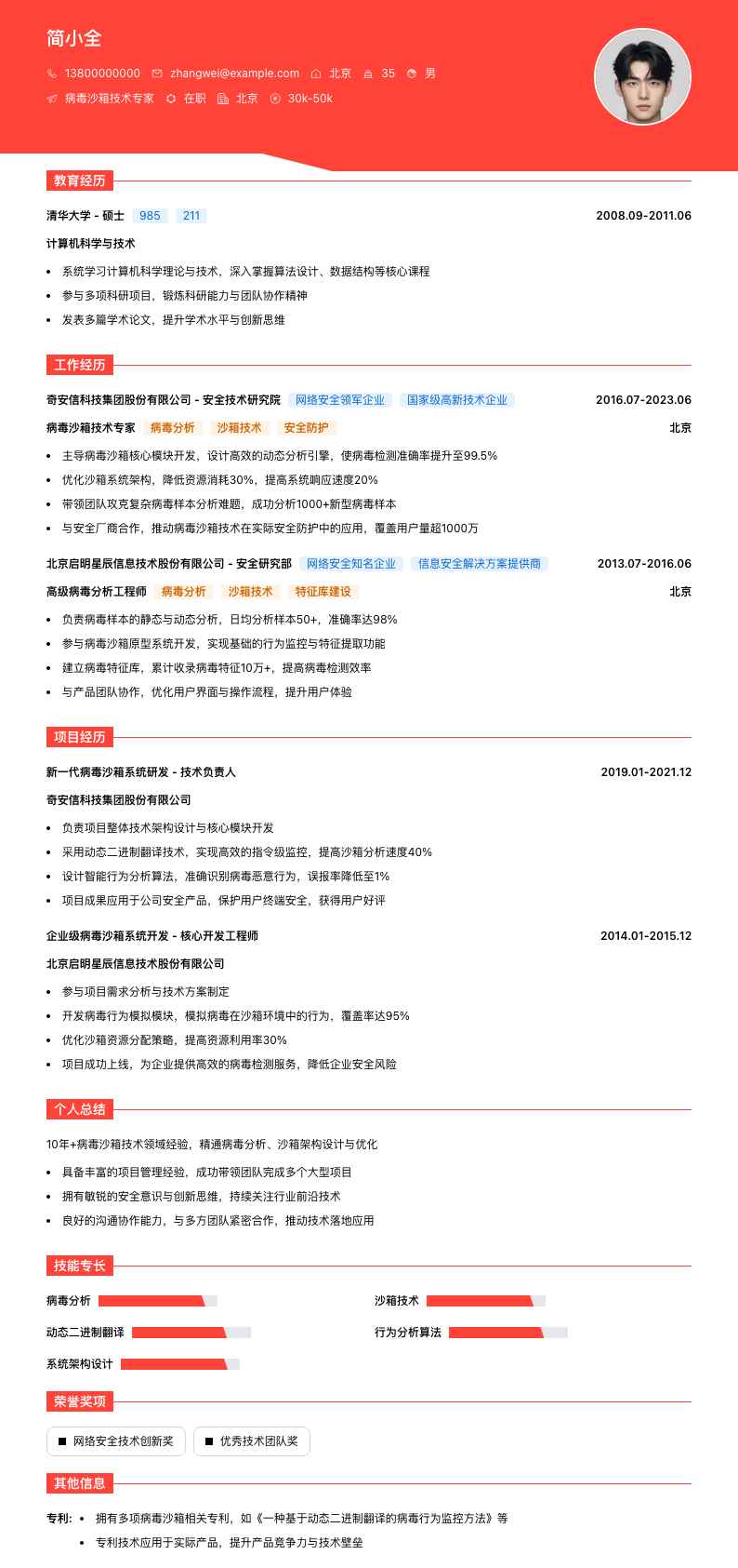 病毒沙箱技术专家简历模板