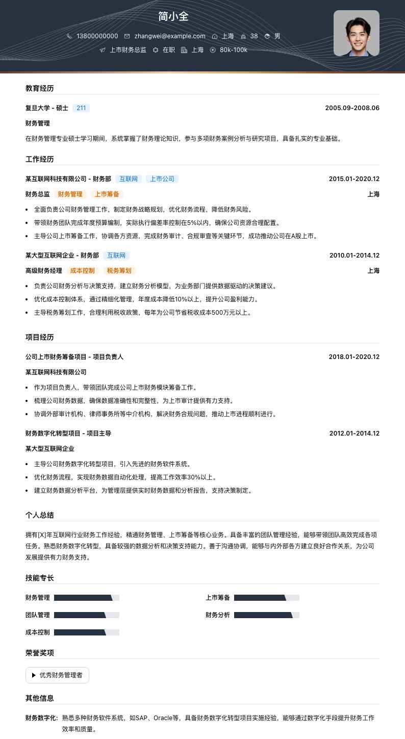 上市财务总监简历模板