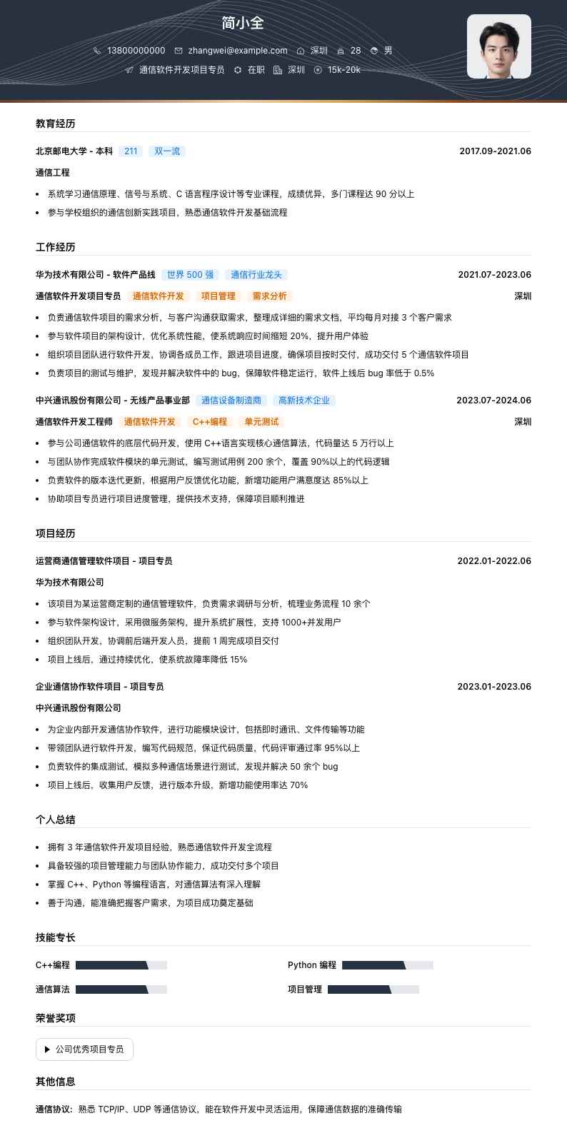 通信软件开发项目专员简历模板