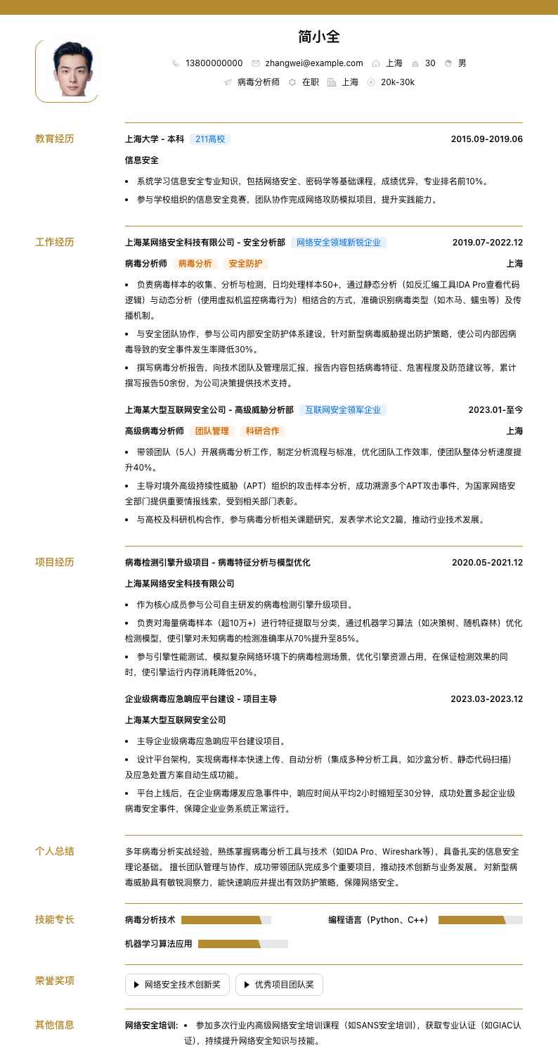 病毒分析师简历模板