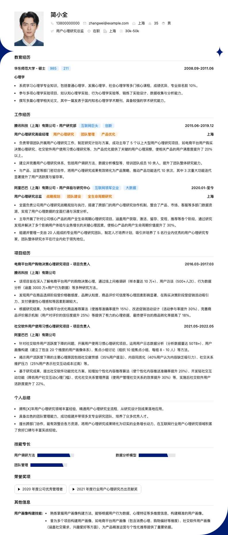 用户心理研究总监简历模板