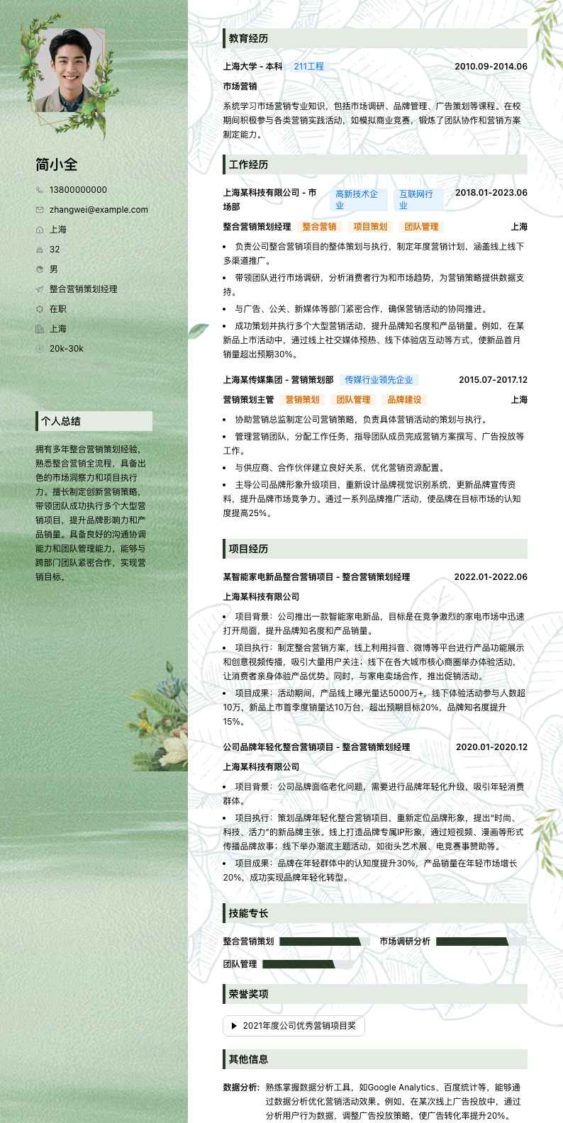 整合营销策划经理简历模板