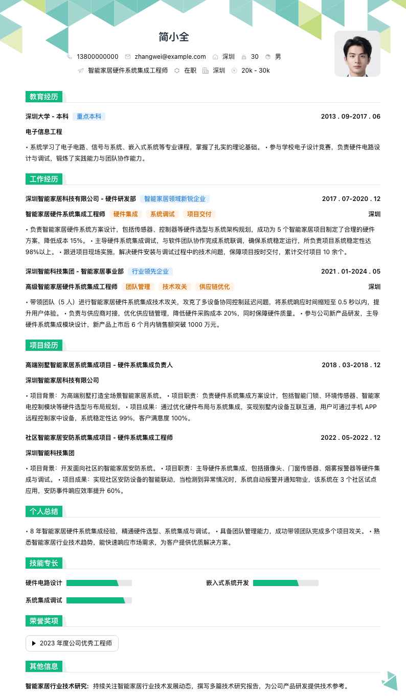 智能家居硬件系统集成工程师简历模板