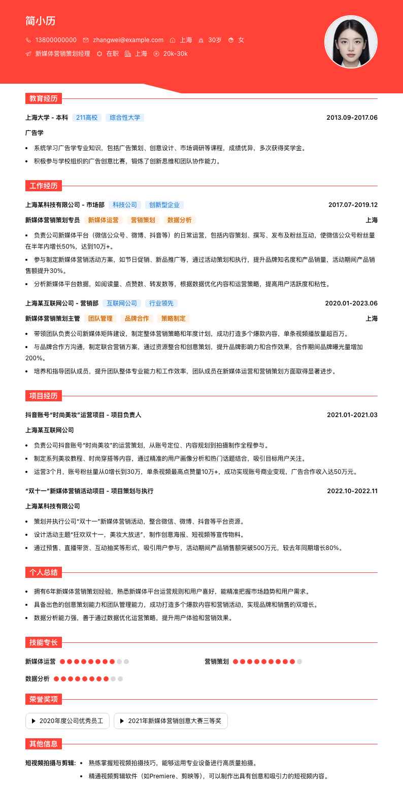新媒体营销策划经理简历模板