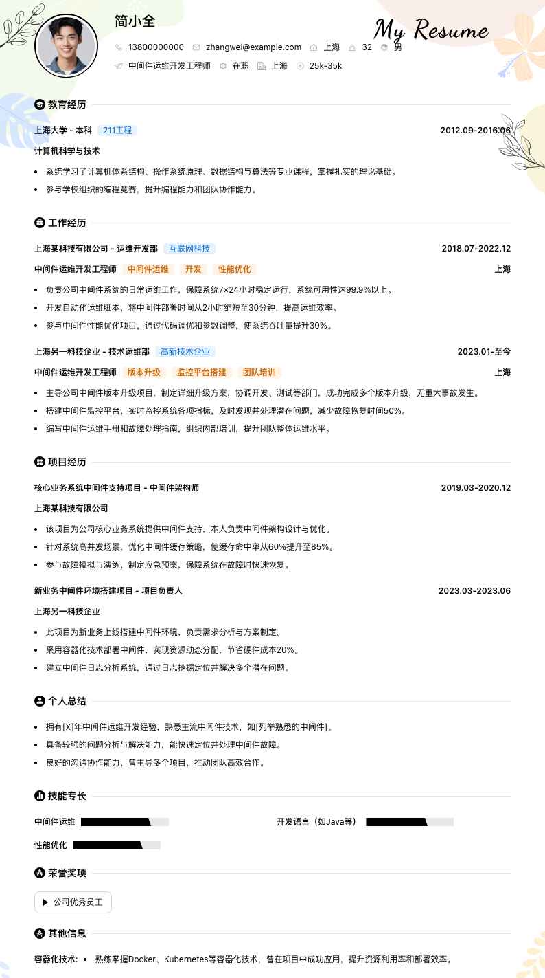 中间件运维开发工程师简历模板