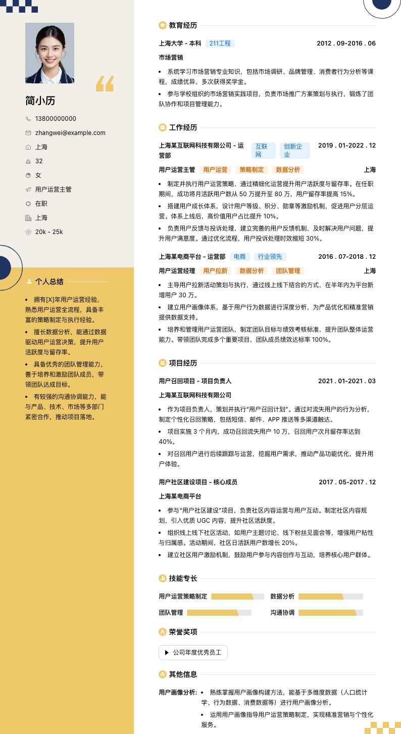 用户运营主管简历模板