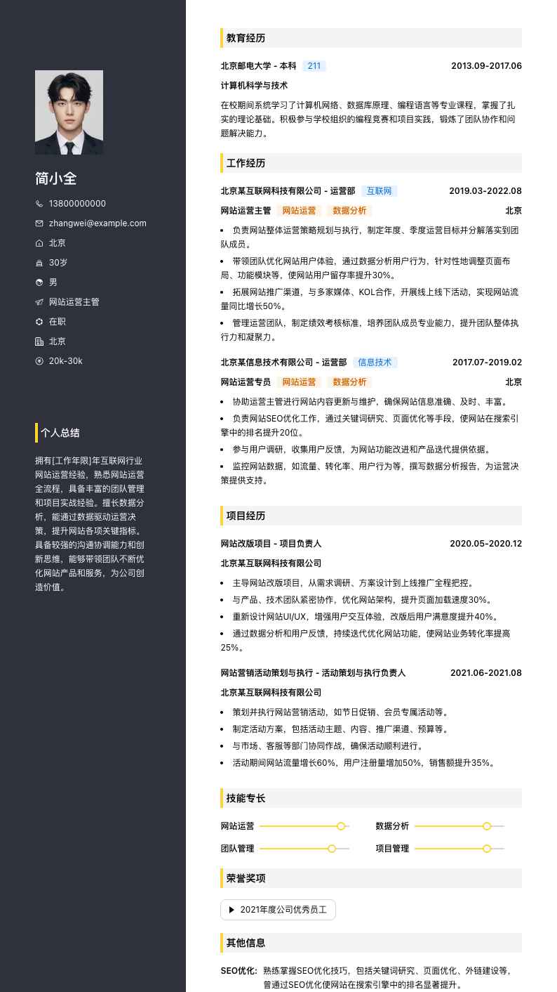 网站运营主管简历模板