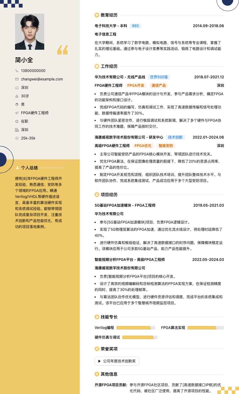 fpga硬件工程师简历模板
